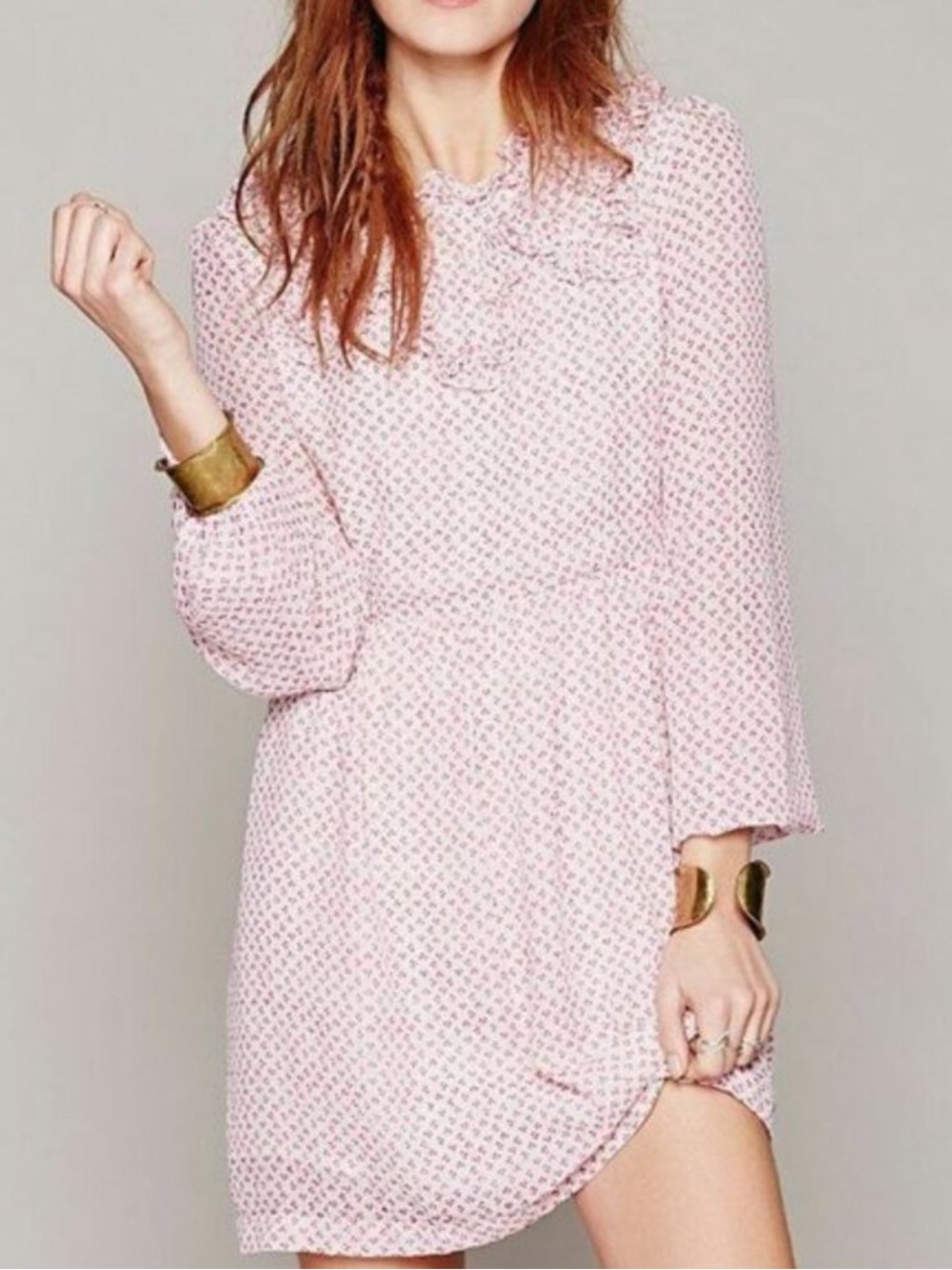 Free People Noveau Butterfly Dot Print Babydoll Boho Mini Dress Long Sleeve